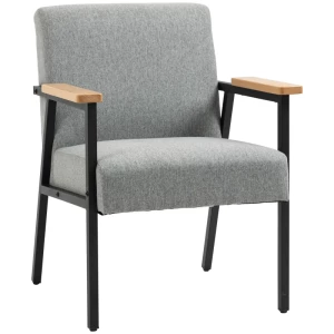 Accentstoel In Scandi-design, Fauteuil, Accentstoel, Linnenlook, Rubberhout, Grijs + Zwart + Bruin 1