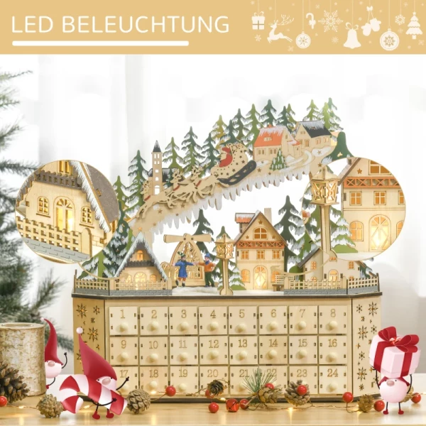 Adventskalender Kerstdecoratie Kerstdecoratie, 24 Laden, LED-verlichting, 39 Cm X 9 Cm X 42 Cm, Wit + Groen 4