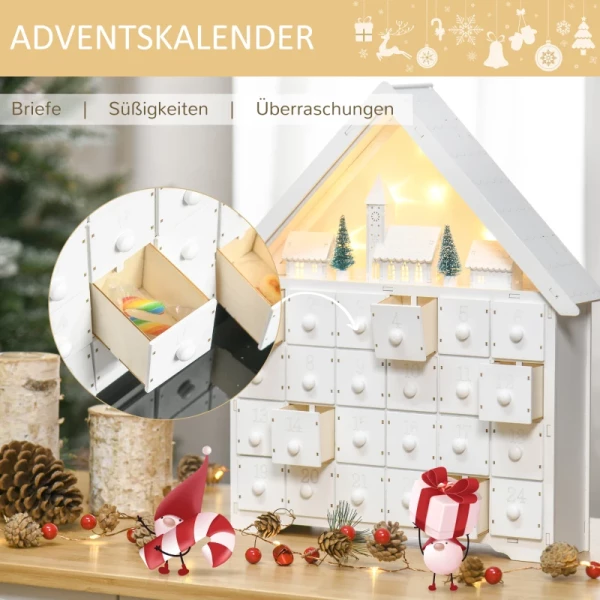 Adventskalender Kerstdecoratie Kerstdecoratie, 24 Laden, LED-verlichting, 39 Cm X 9 Cm X 42 Cm, Wit + Groen 5