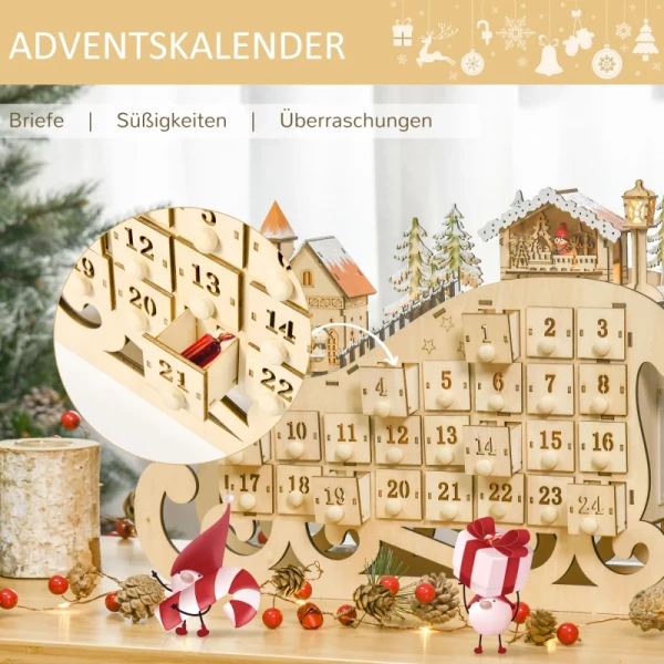 Adventskalender Om Te Vullen, 24 Lades, Kerstkalender Met LED-verlichting, Sleevorm, Adventskalenderdoos, Kerstdecoratie, Doe-het-zelf Multiplexplaat, Natuurlijk Hout, 45 X 10 X 31 Cm 5