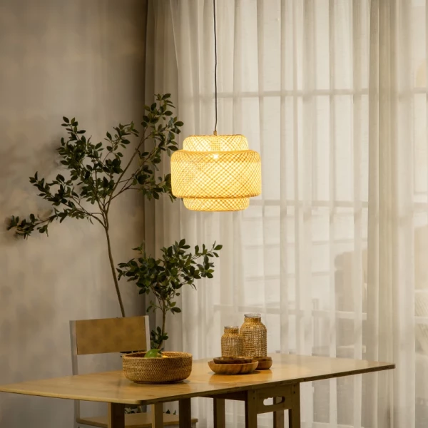 Boho Style Hanglamp, Lampenkap Van Geweven Bamboe, In Hoogte Verstelbaar, Naturel + Zwart 2