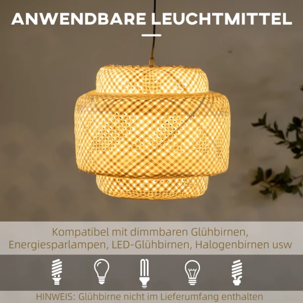 Boho Style Hanglamp, Lampenkap Van Geweven Bamboe, In Hoogte Verstelbaar, Naturel + Zwart 6