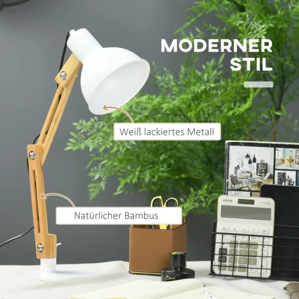 Bureaulamp In Vintage Design, Bamboe, Verstelbare Zwenkarm, Wit + Naturel 4