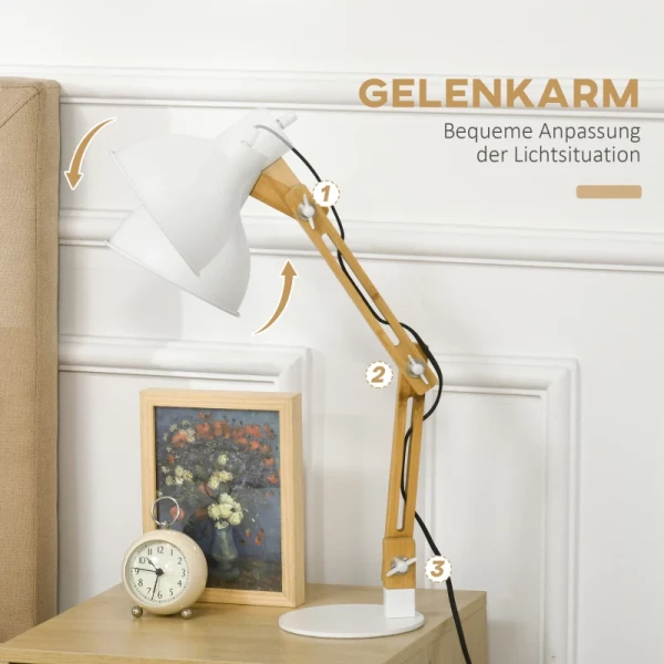 Bureaulamp In Vintage Design, Bamboe, Verstelbare Zwenkarm, Wit + Naturel 5
