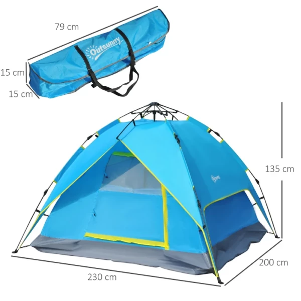 Campingtent Tweede Tent Pop-uptent Strandtent Automatisch 3-4 Personen (blauw + Geel) 3