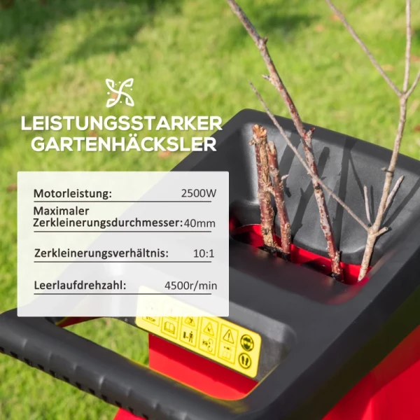 Elektrische Tuinhakselaar Inclusief Tuinafvalzak, Sterk 2500 Watt, Takken Tot 40 Mm, 230-240V, Stil, Robuust, Draagbaar, Kunststof, Staal, Rood + Zwart, 52 X 39 X 89 Cm 4