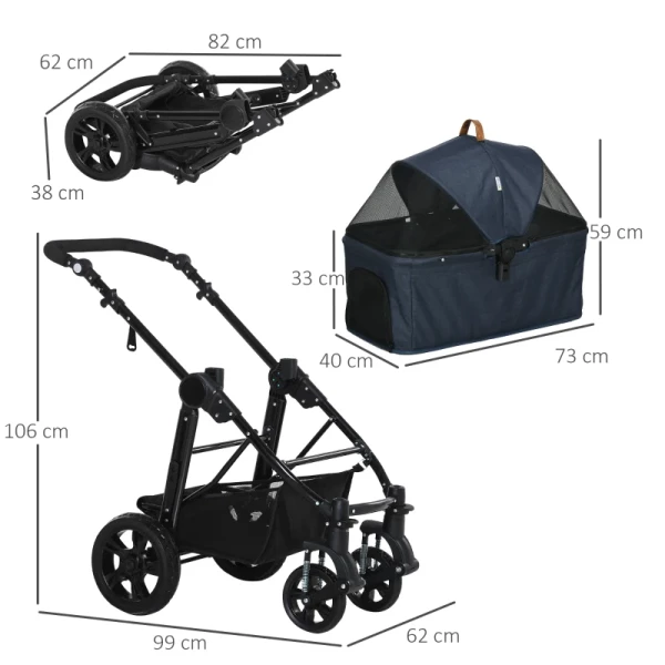 Hondenbuggy 2 In 1 Design, Hondentas, Opvouwbaar, Donkerblauw 3