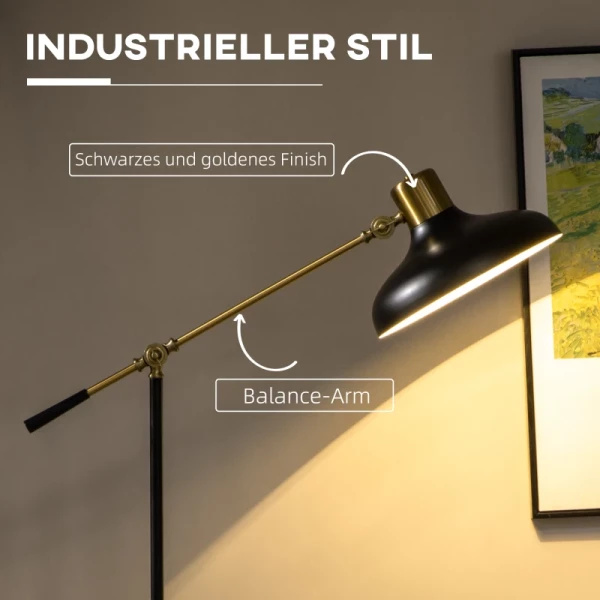 Industrieel Design Vloerlamp, Vloerlamp, Emaille, Flexibel Frame, Voetschakelaar, Zwart + Goud 4