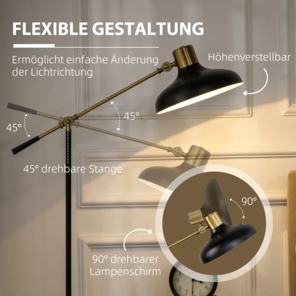 Industrieel Design Vloerlamp, Vloerlamp, Emaille, Flexibel Frame, Voetschakelaar, Zwart + Goud 5