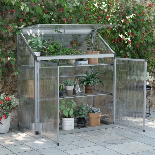 Kas Met Funderingsframe, Behuizing Van Polycarbonaat, 2 Planken, Aluminium Frame, 131 X 58 X 139,5 Cm 2