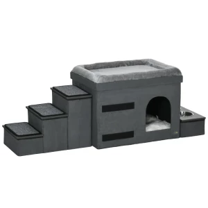 Kattenhuis, Kattenhut, Kattengrot, 3 Dierentrappen, 2 Voerbakken, 70 X 50 X 51 Cm, Grijs 1