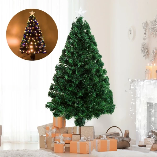 Kerstboom Kunstspar, 1,2 M, Inclusief Standaard, Kleurrijke LED's, Groen 2