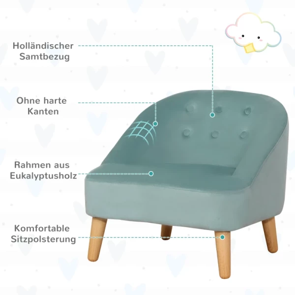 Kinderfauteuil Met Poef Voor Kinderen Van 3 Tot 5 Jaar, Schattig Design, Fluwelen Look, 51 Cm X 51 Cm X 50 Cm, Groen 7