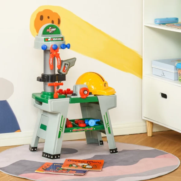 Kinderwerkbank Met Gereedschap, Werktafel, Werkbanktafel Met 37 Accessoires, Rollenspel Speelgoed Voor Kinderen Vanaf 3 Jaar, PP Kunststof Groen + Grijs 44 X 26 X 71 Cm 2