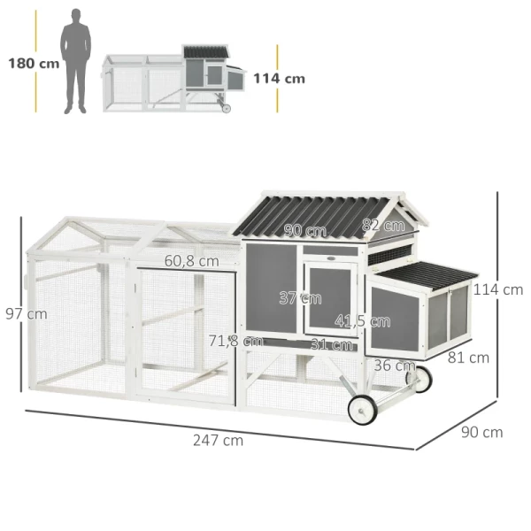 Kippenhok Kippenhok Met Nestkast Kippenvolière Met Wielen En Handgreep Kippenhok Winterbestendig Dennenhout PVC Grijs + Wit 247 X 90 X 114 Cm 3