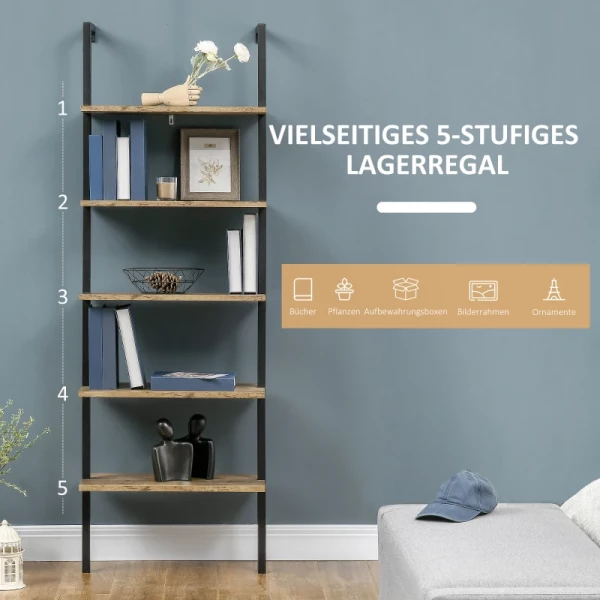 Ladderplank In Industrieel Design 5 Planken 60 Cm X 30 Cm X 184,5 Cm Metaal Hout Materiaal Bruin + Zwart 4