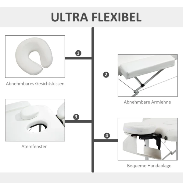 Opklapbare Massagetafels, Cosmetische Tafels, In Hoogte Verstelbare Massagetafel Met Hoofdsteun, Massagebed, Aluminiumschuim, Kunststof, Wit, 215 X 60 X 61-84 Cm 4