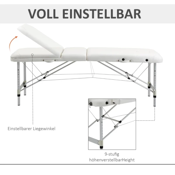 Opklapbare Massagetafels, Cosmetische Tafels, In Hoogte Verstelbare Massagetafel Met Hoofdsteun, Massagebed, Aluminiumschuim, Kunststof, Wit, 215 X 60 X 61-84 Cm 5