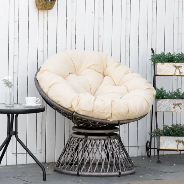 Papasan Stoel, Rieten Stoel, Zitkussen, Kunstrotan, Draaibaar, Metalen Frame, 87 X 97 X 86 Cm, Beige 2