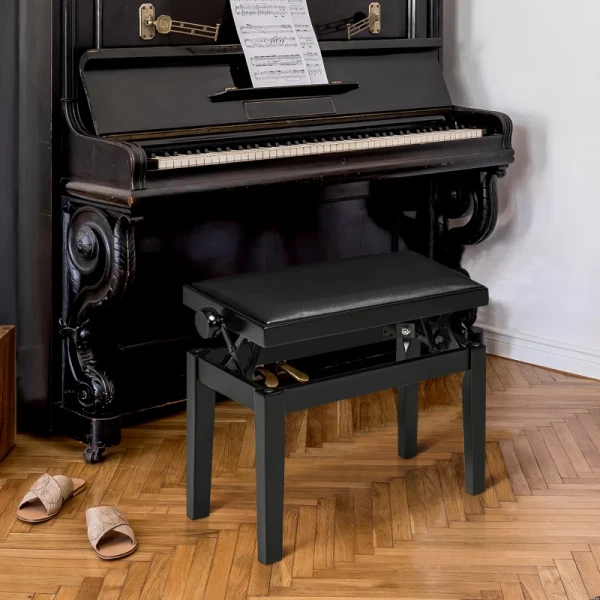 Pianobank, Pianostoel, In Hoogte Verstelbaar, Elegant Hoogglans, Kunstleer + Rubberhout, Zwart, 63 X 33 X 56cm 2