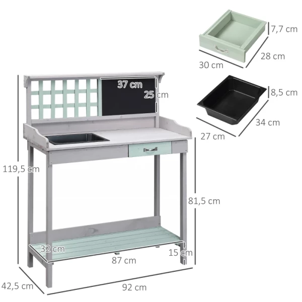 Plantentafel, Tuinmanstafel, Tuintafel, Bloementafel Met Lade En Dienblad Voor De Tuin, Dennenhout, Mintgroen + Grijs, 92 X 42,5 X 119,5 Cm 3