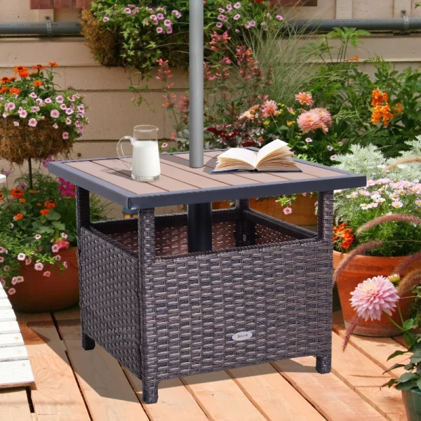 Polyrattan Bijzettafel Tuintafel Terrastafel Parasolstandaard Voor Parasol Incl. Zandzak Bruin 55,5 X 55,5 X 46 Cm 2