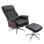 Relaxfauteuil Met Kruk, TV-stoel, Gestoffeerde Stoel, 360 Draaibaar, 145 Kantelbaar Met Retro Design, Chesterfield PU Hoes, Houten Lambrisering, Metalen Onderstel, Zwart, 82 X 83 X 110 Cm