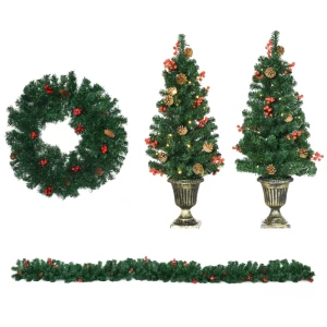 Set Kerstversiering 2 Kerstbomen. 4 Stuks, 1 Kerstkrans, 1 Kerstslinger Inclusief LED-verlichting 1