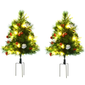 Set Van 2 Kerstbomen Mini Kunstkerstboom Met Dennenappels En Rode Bessen, Ballen En Warm Witte LED-lampjes IP44 Groen PVC Metaal 33 X 75 Cm 1