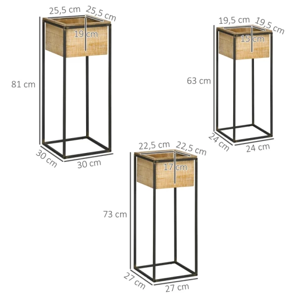 Set Van 3 Plantenstandaarden, 3 Maten, Metalen Frame, Rustieke Houtlook, Vierkante Bloembakken 3