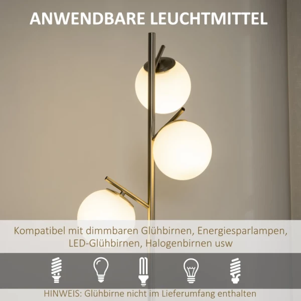 Staande Lamp Met 3 Glazen Lampenkappen, E 27, Voetschakelaar, Zilver + Wit 5