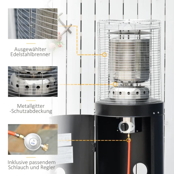 Straalkachel Terrasverwarmer Met Handvat Wielen Terrasverwarmer Met Automatische Veiligheidsuitschakeling Oprolbaar Gas 10kW Metaal RVS Zwart 55,6 X 143 Cm 8