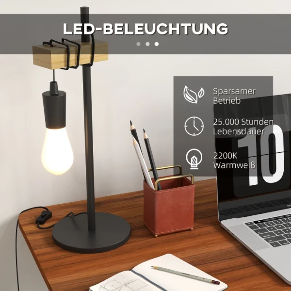 Tafellamp, Industriële Stijl, Incl. LED, Metalen Frame, In Hoogte Verstelbaar, Zwart+hout 5