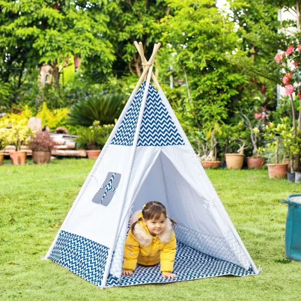 Tipi, Speeltent Voor Kinderen Inclusief Vloermat En Kussen, Blauw + Wit, 120 X 120 X 155 Cm 2