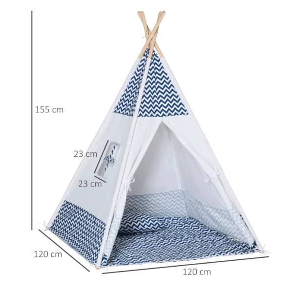 Tipi, Speeltent Voor Kinderen Inclusief Vloermat En Kussen, Blauw + Wit, 120 X 120 X 155 Cm 3