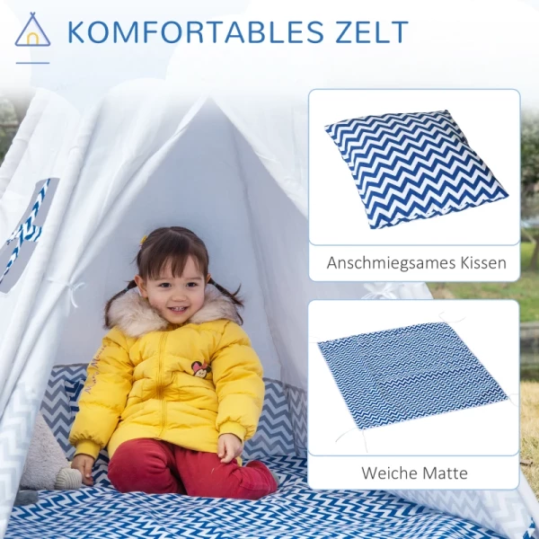 Tipi, Speeltent Voor Kinderen Inclusief Vloermat En Kussen, Blauw + Wit, 120 X 120 X 155 Cm 6