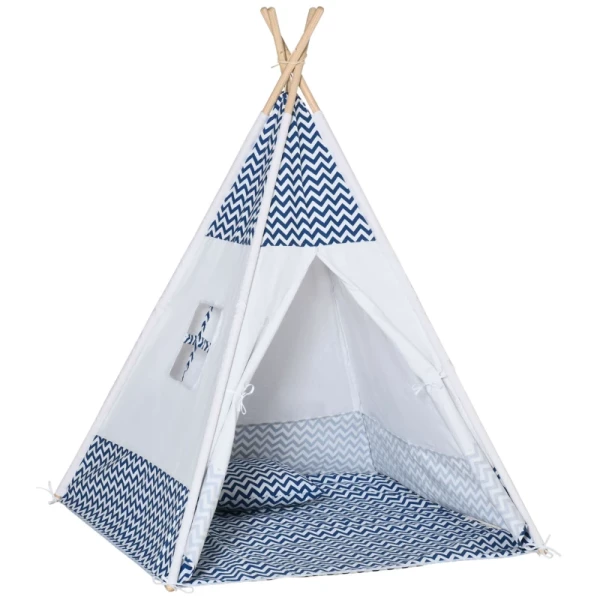 Tipi, Speeltent Voor Kinderen Inclusief Vloermat En Kussen, Blauw + Wit, 120 X 120 X 155 Cm 1