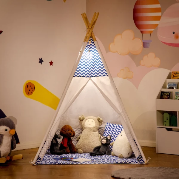 Tipi, Speeltent Voor Kinderen Inclusief Vloermat En Kussen, Blauw + Wit, 120 X 120 X 155 Cm 10