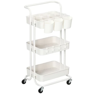 Trolley, Serveerwagen, 3 Opbergmanden, 3 Hangdozen, 4 Haken, Metalen Frame, 42 X 38 X 86,5 Cm, Wit 1