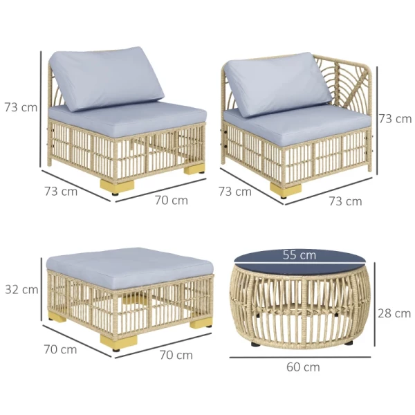 Tuinset, 5-delig, Inclusief Zitkussens, Kunstrotan, RVS Frame, Lichtgrijs 3