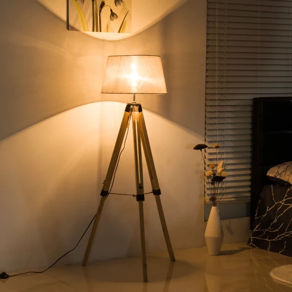 Vloerlamp Vloerlamp In Hoogte Verstelbaar E27, Grenen + Polyester, 65x65x99-143cm (beige) 2
