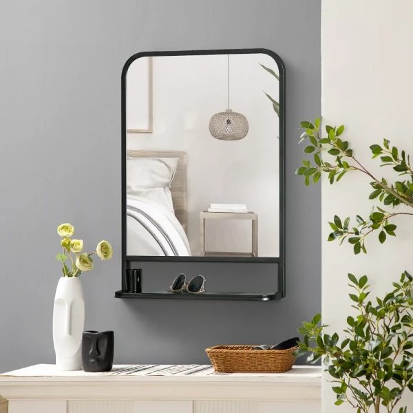 Wandspiegel Met Metalen Frame, Afgeronde Randen, 1 Plank 70 Cm X 10,2 Cm X 50 Cm Zwart + Zilver 5