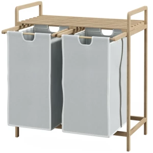 Wasmand Met 2 Waszakken, 1 Plank, 2 Handvatten, 63,5 Cm X 33 Cm X 73 Cm, Bamboe 1