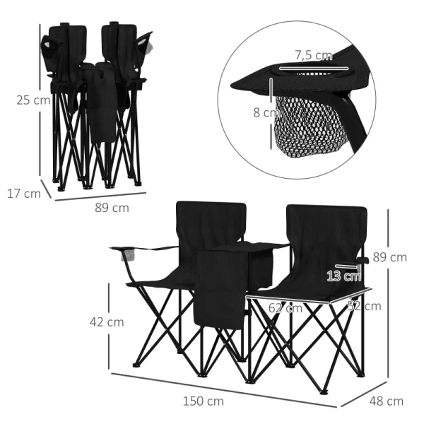 2-zits Campingbank, Campingstoelen, 1 Koelbox, 1 Plank, 150 X 48 X 89 Cm, Zwart 3