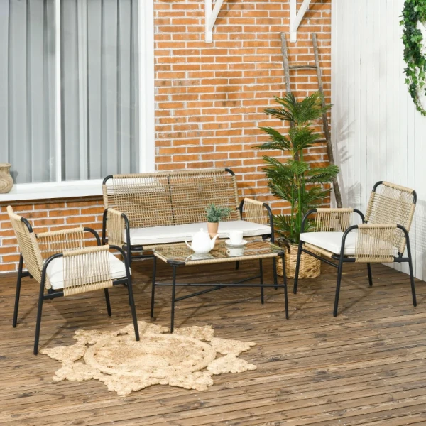 4-delige Tuinmeubelset, Loungemeubel, 110 Cm X 65 Cm X 74 Cm, Naturel + Crèmewit 2