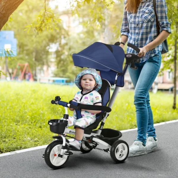 6-in-1 Kinderdriewieler Met Duwbeugel, Dak, Riem, Opbergmand, 18+ Maanden, Donkerblauw 2