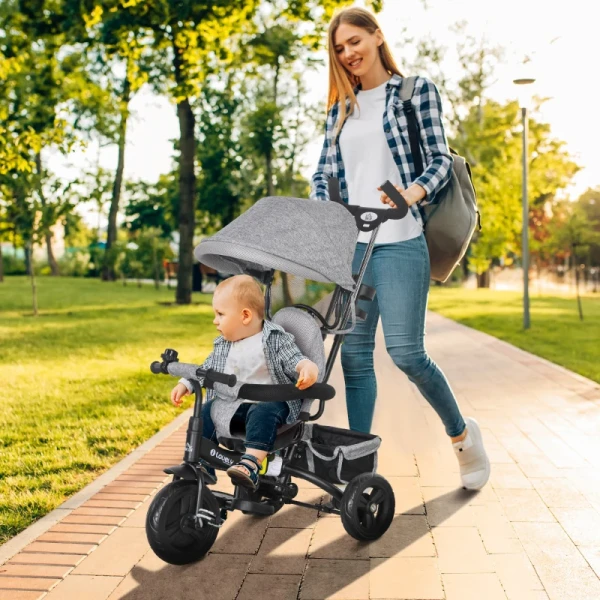 6-in-1 Kinderdriewieler Met Duwbeugel, Dak, Riem, Opbergmand, Voor 1-5 Jaar, Grijs 2