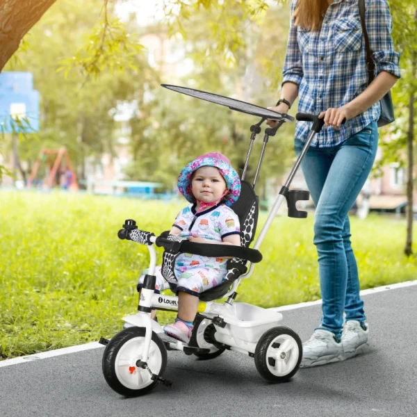 6-in-1 Kinderdriewieler Met Duwbeugel, Dak, Riem, Opbergmand, Voor 1-5 Jaar, Wit 2