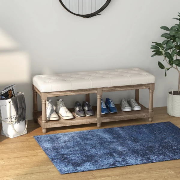 Bank Met Opbergruimte, Vintage Design, Knoopstiksel, Rubberboomhout, 115x40x48cm, Crèmewit 2