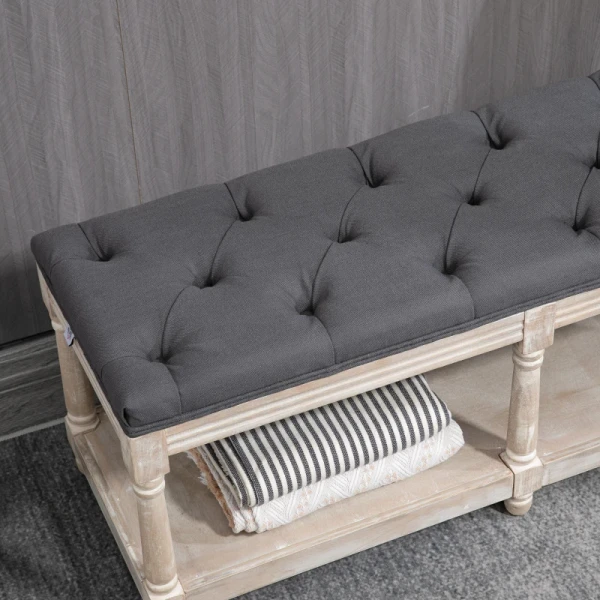 Bank Met Opbergruimte, Vintage Design, Knoopstiksel, Rubberboomhout, 115x40x48cm, Grijs 8